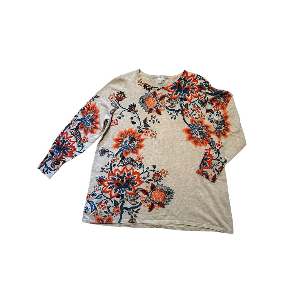 Chicos Womens 2 Tan Asian Floral Orange Blue New Knit Pullover Sweater US 12 - Picture 2 of 7